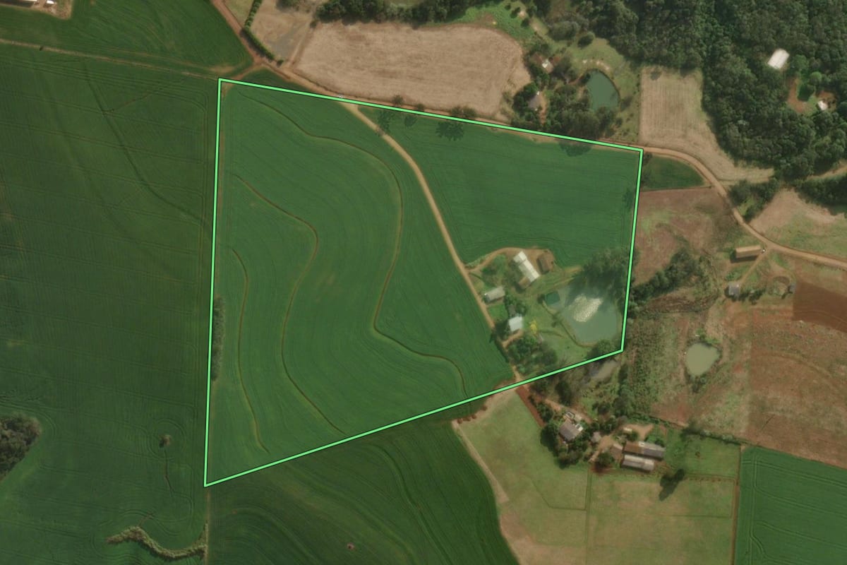 Imagem de satélite do imóvel rural em Descanso (SC), com o contorno declarado no CAR desenhado por cima.