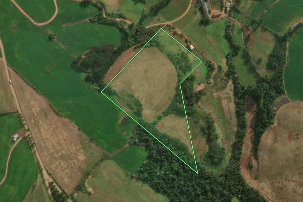 Imagem de satélite do imóvel rural em Descanso (SC), com o contorno declarado no CAR desenhado por cima.