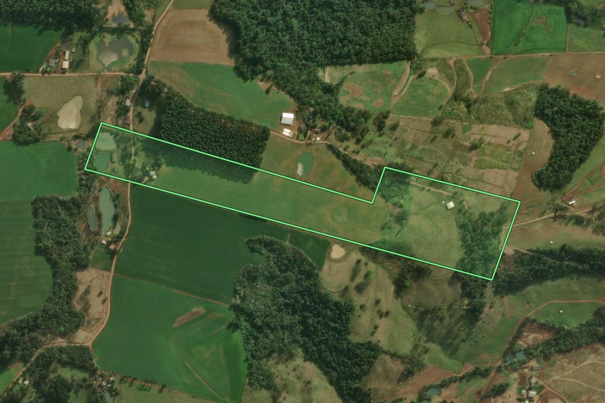 Imagem de satélite do imóvel rural em Descanso (SC), com o contorno declarado no CAR desenhado por cima.