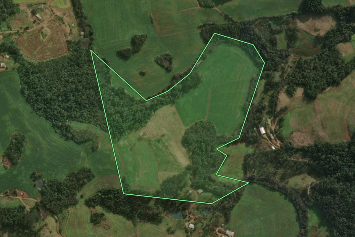 Imagem de satélite do imóvel rural em Descanso (SC), com o contorno declarado no CAR desenhado por cima.