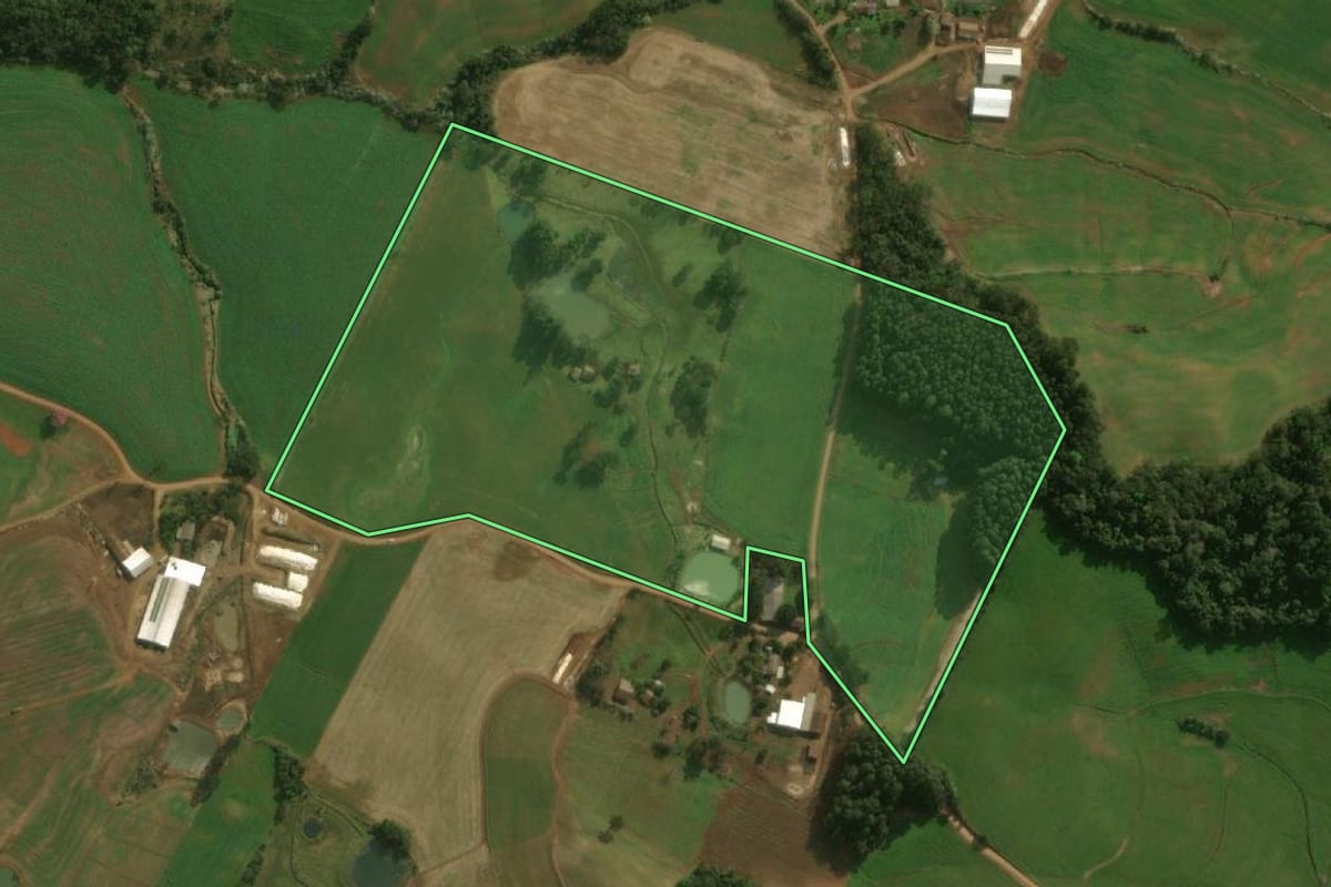 Imagem de satélite do imóvel rural em Dionísio Cerqueira (SC), com o contorno declarado no CAR desenhado por cima.