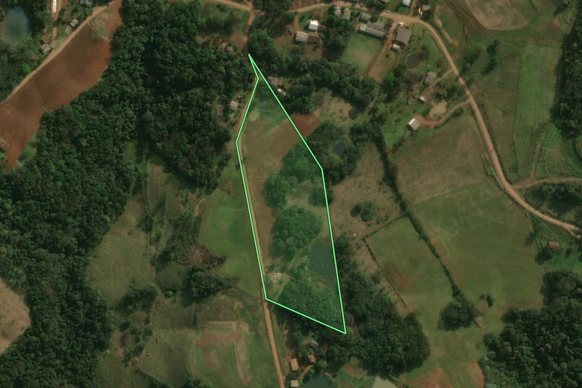 Imagem de satélite do imóvel rural em Dionísio Cerqueira (SC), com o contorno declarado no CAR desenhado por cima.