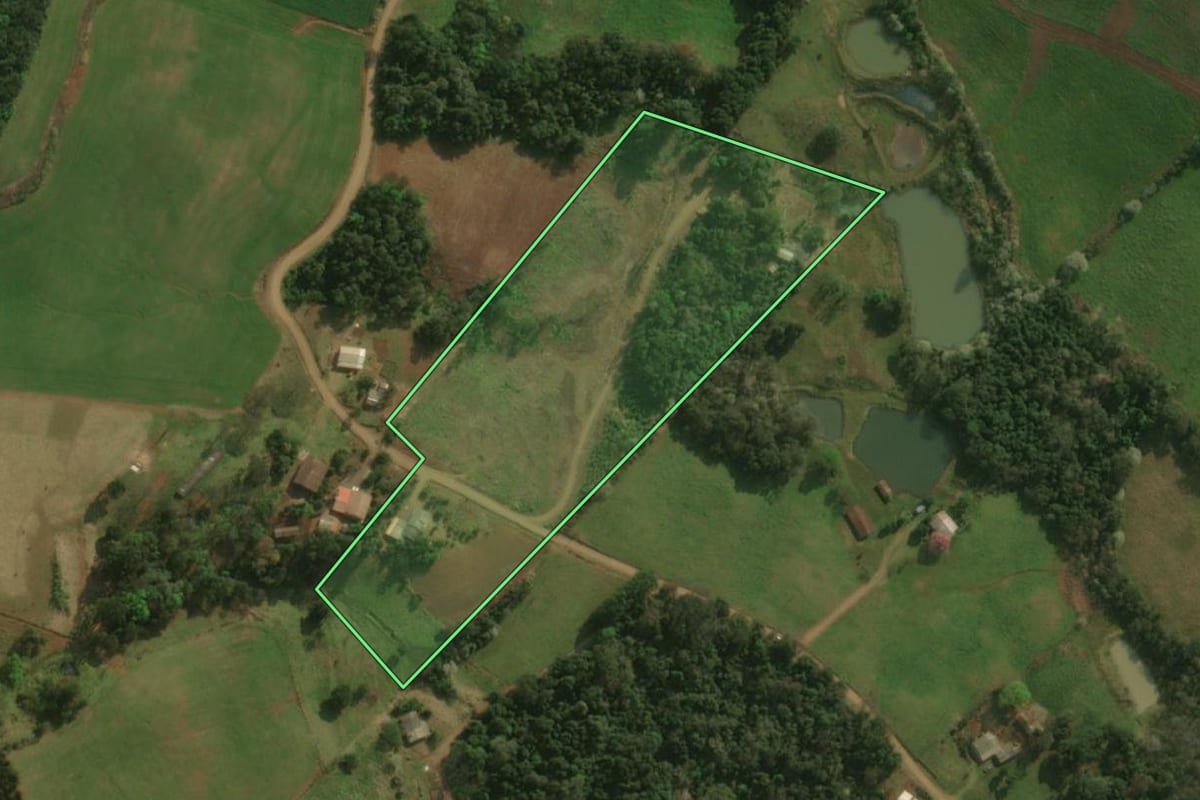 Imagem de satélite do imóvel rural em Dionísio Cerqueira (SC), com o contorno declarado no CAR desenhado por cima.