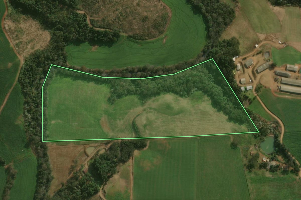 Imagem de satélite do imóvel rural em Dionísio Cerqueira (SC), com o contorno declarado no CAR desenhado por cima.