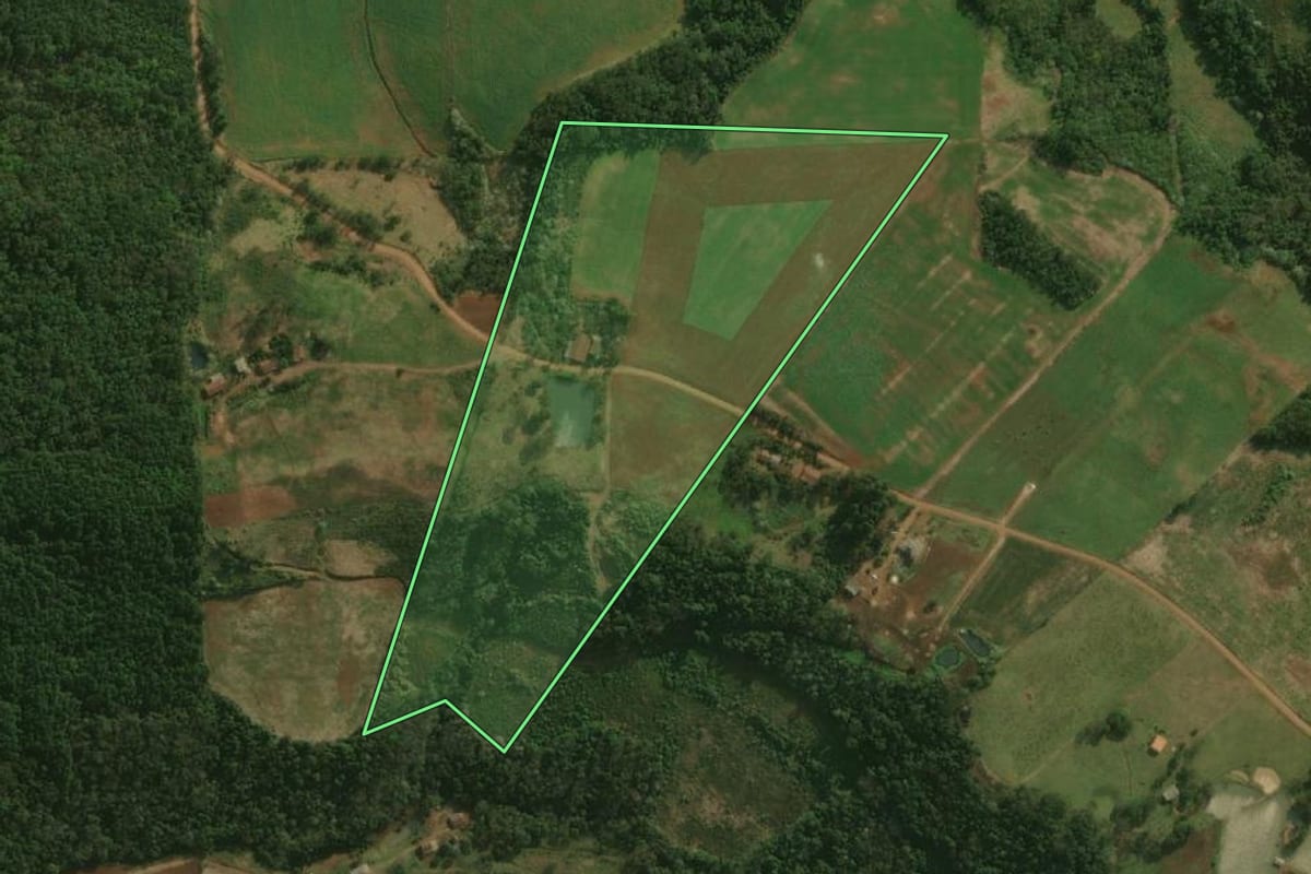Imagem de satélite do imóvel rural em Dionísio Cerqueira (SC), com o contorno declarado no CAR desenhado por cima.