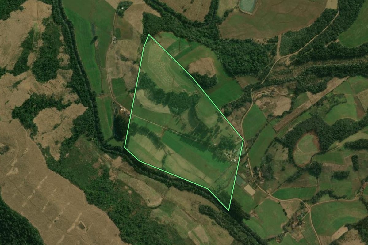 Imagem de satélite do imóvel rural em Dionísio Cerqueira (SC), com o contorno declarado no CAR desenhado por cima.
