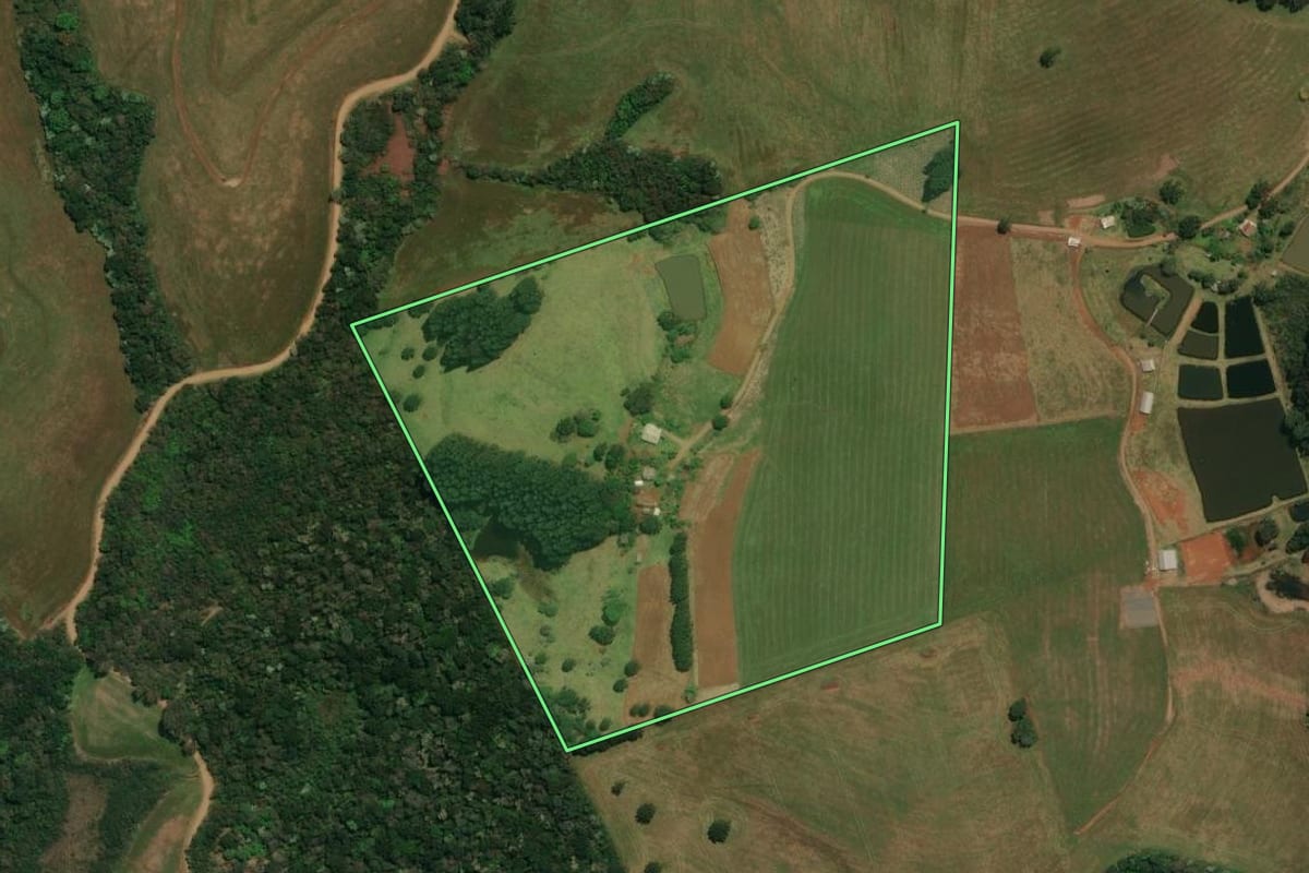 Imagem de satélite do imóvel rural em Dionísio Cerqueira (SC), com o contorno declarado no CAR desenhado por cima.