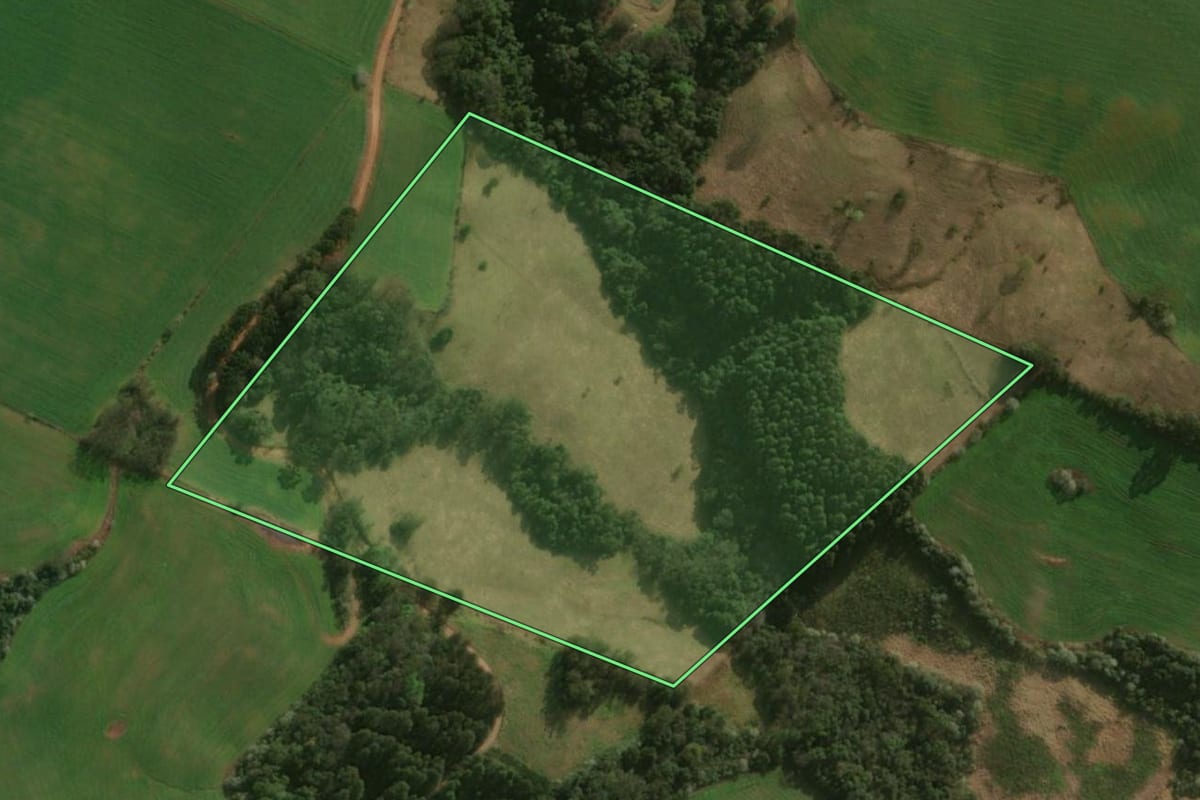 Imagem de satélite do imóvel rural em Dionísio Cerqueira (SC), com o contorno declarado no CAR desenhado por cima.