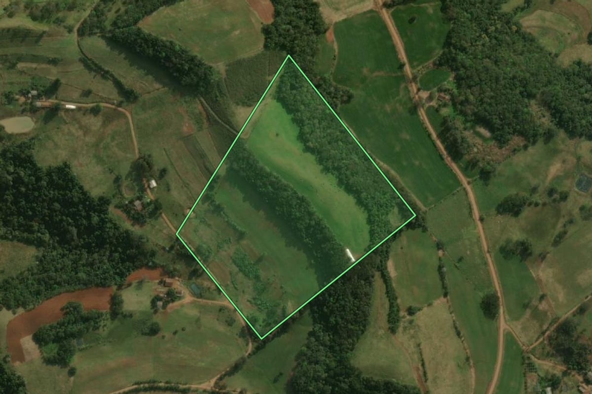 Imagem de satélite do imóvel rural em Dionísio Cerqueira (SC), com o contorno declarado no CAR desenhado por cima.