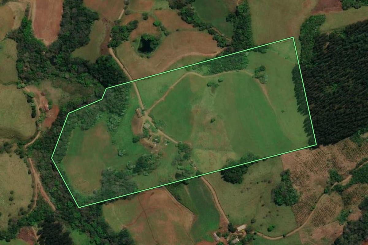 Imagem de satélite do imóvel rural em Dionísio Cerqueira (SC), com o contorno declarado no CAR desenhado por cima.