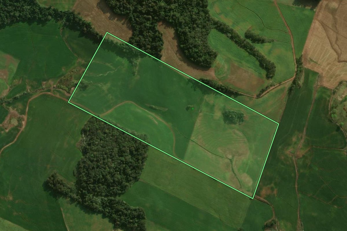 Imagem de satélite do imóvel rural em Dionísio Cerqueira (SC), com o contorno declarado no CAR desenhado por cima.