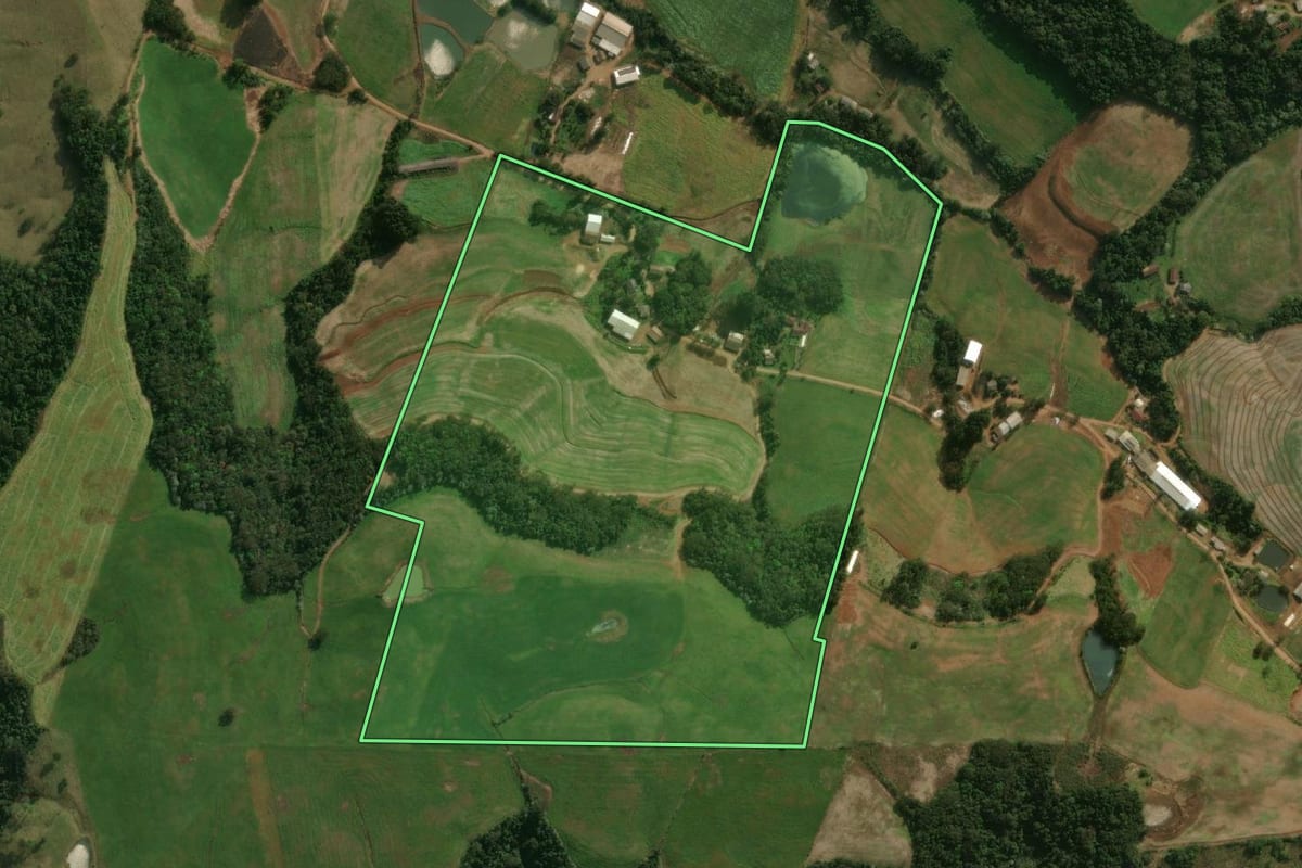 Imagem de satélite do imóvel rural em Dionísio Cerqueira (SC), com o contorno declarado no CAR desenhado por cima.
