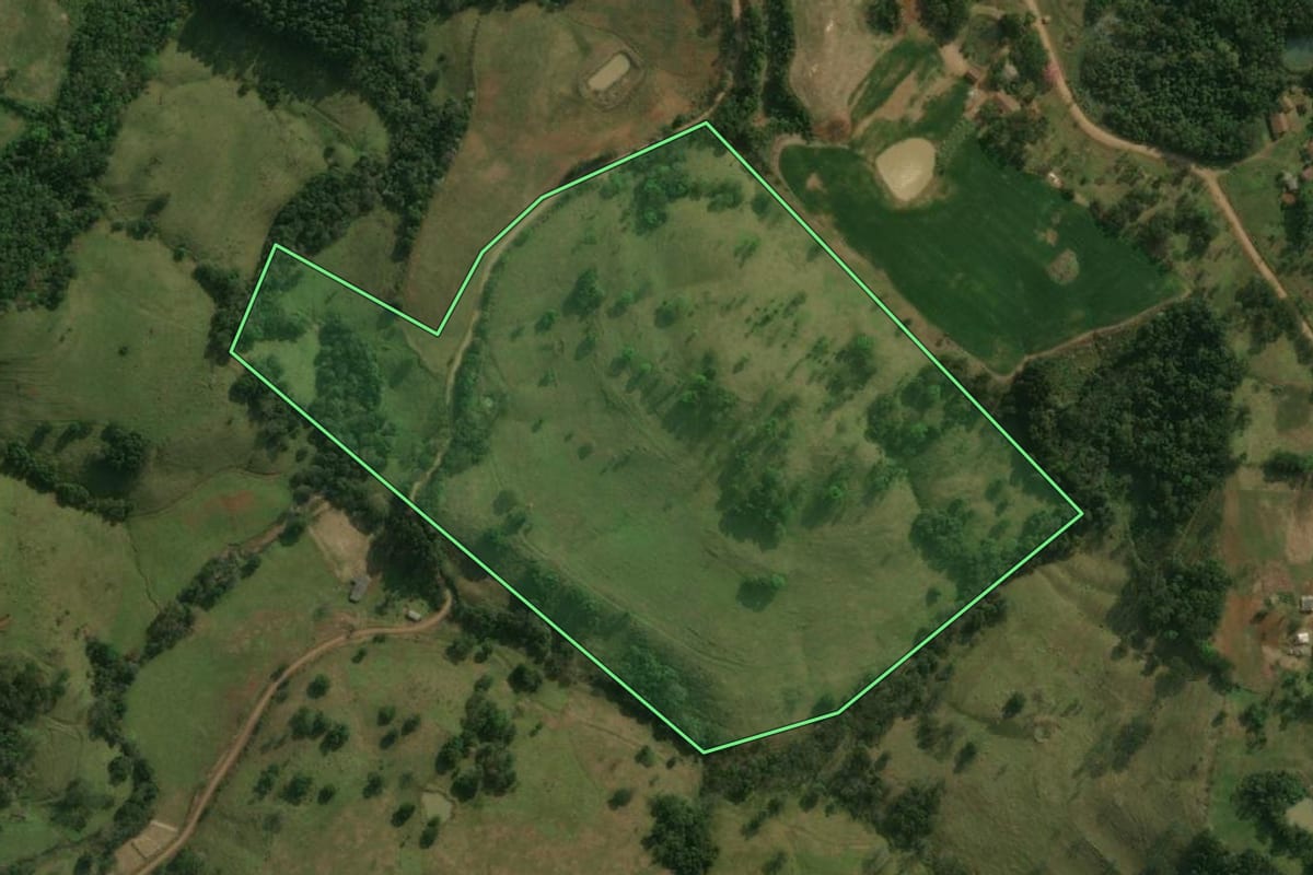 Imagem de satélite do imóvel rural em Dionísio Cerqueira (SC), com o contorno declarado no CAR desenhado por cima.