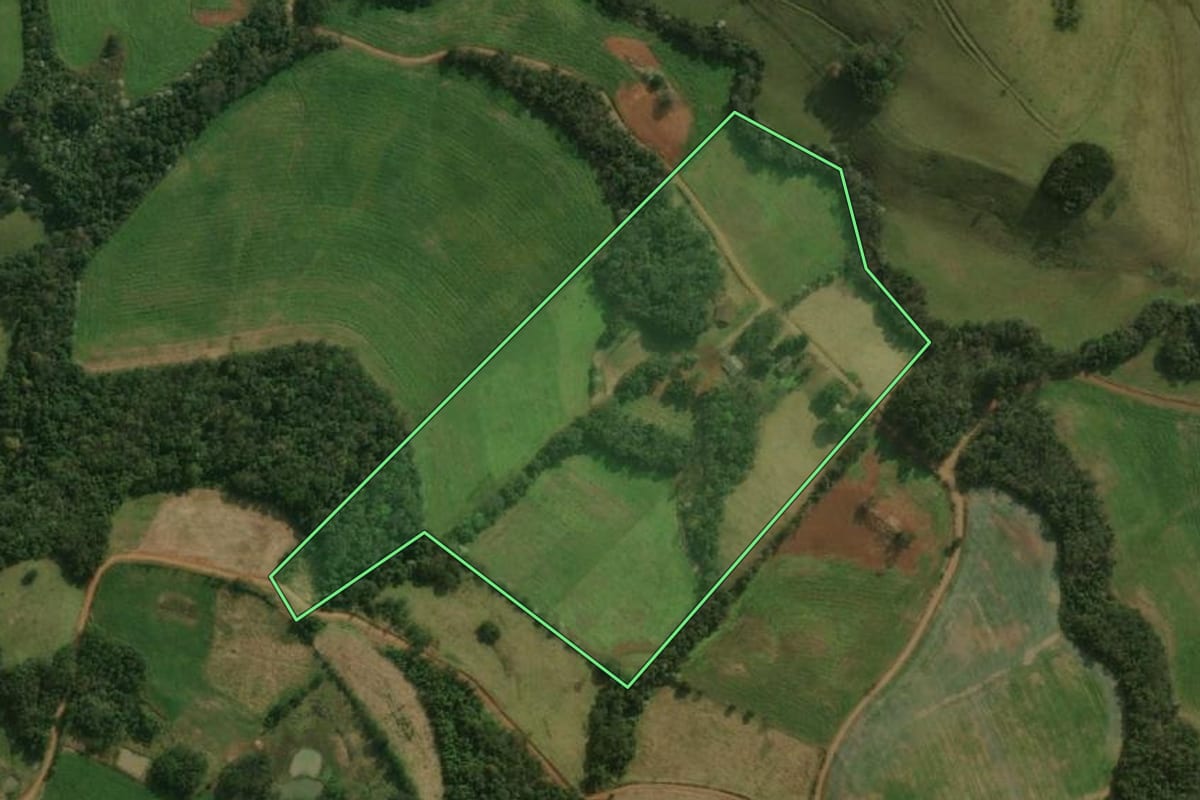 Imagem de satélite do imóvel rural em Dionísio Cerqueira (SC), com o contorno declarado no CAR desenhado por cima.