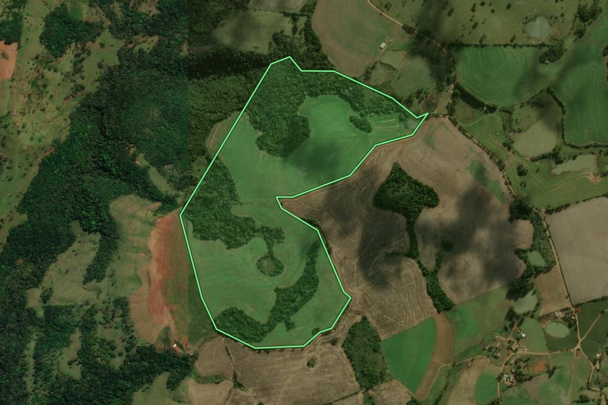Imagem de satélite do imóvel rural em Dionísio Cerqueira (SC), com o contorno declarado no CAR desenhado por cima.