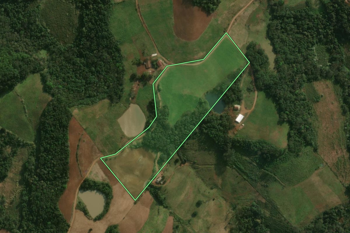 Imagem de satélite do imóvel rural em Dionísio Cerqueira (SC), com o contorno declarado no CAR desenhado por cima.