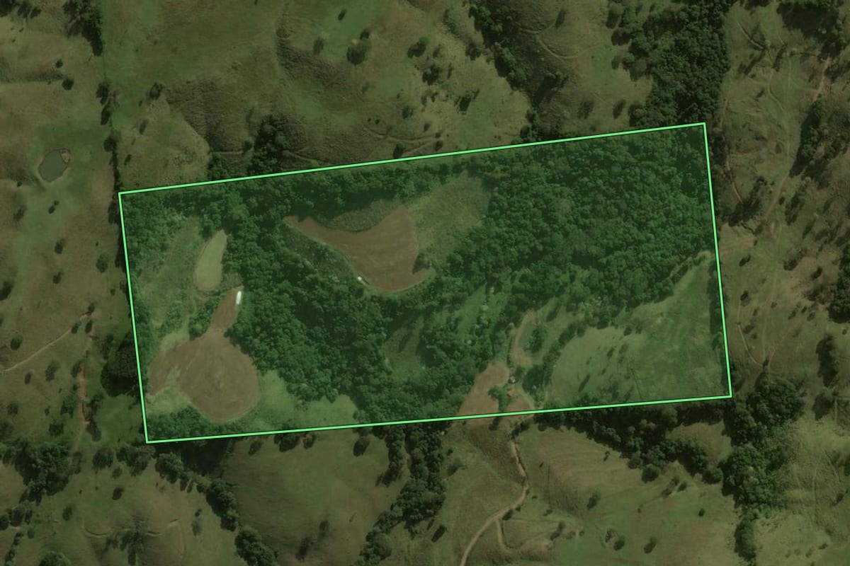 Imagem de satélite do imóvel rural em Dionísio Cerqueira (SC), com o contorno declarado no CAR desenhado por cima.
