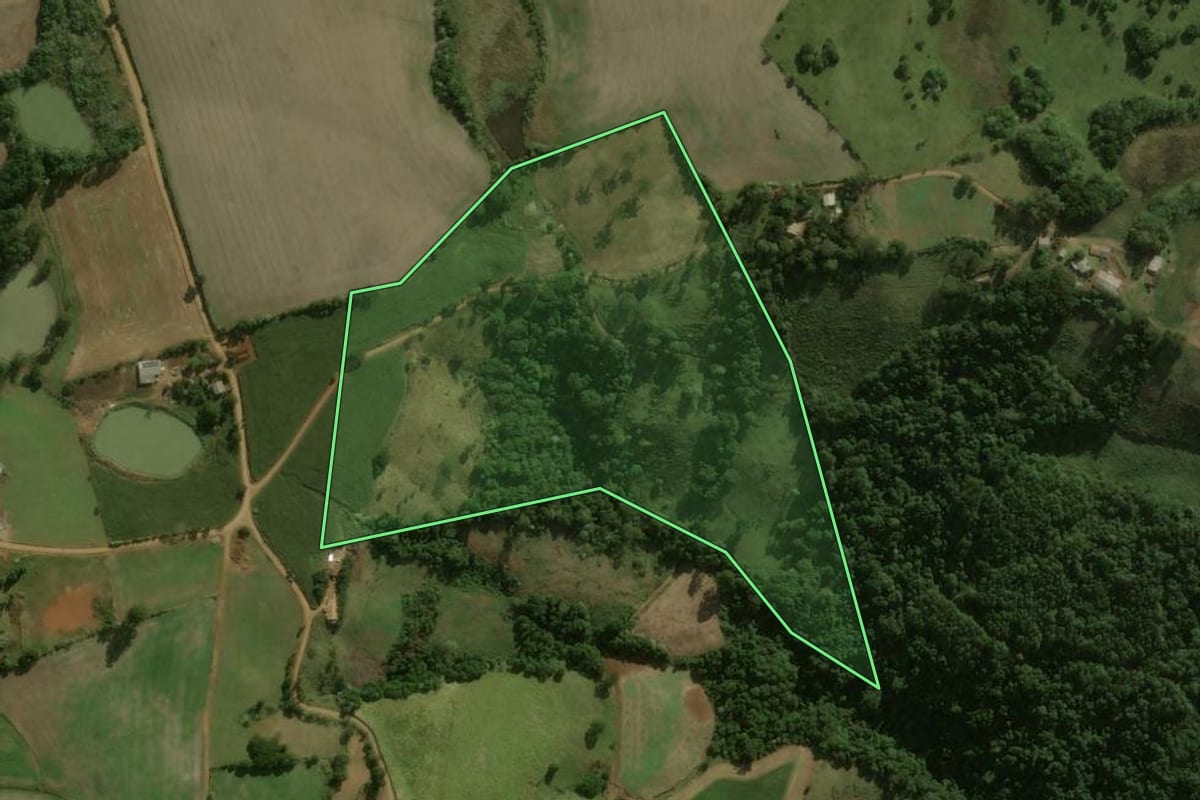 Imagem de satélite do imóvel rural em Dionísio Cerqueira (SC), com o contorno declarado no CAR desenhado por cima.