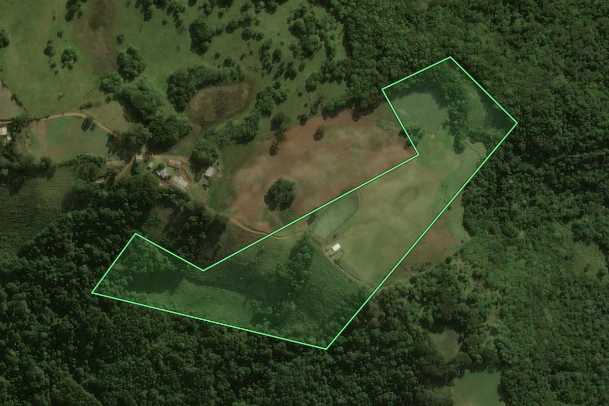 Imagem de satélite do imóvel rural em Dionísio Cerqueira (SC), com o contorno declarado no CAR desenhado por cima.
