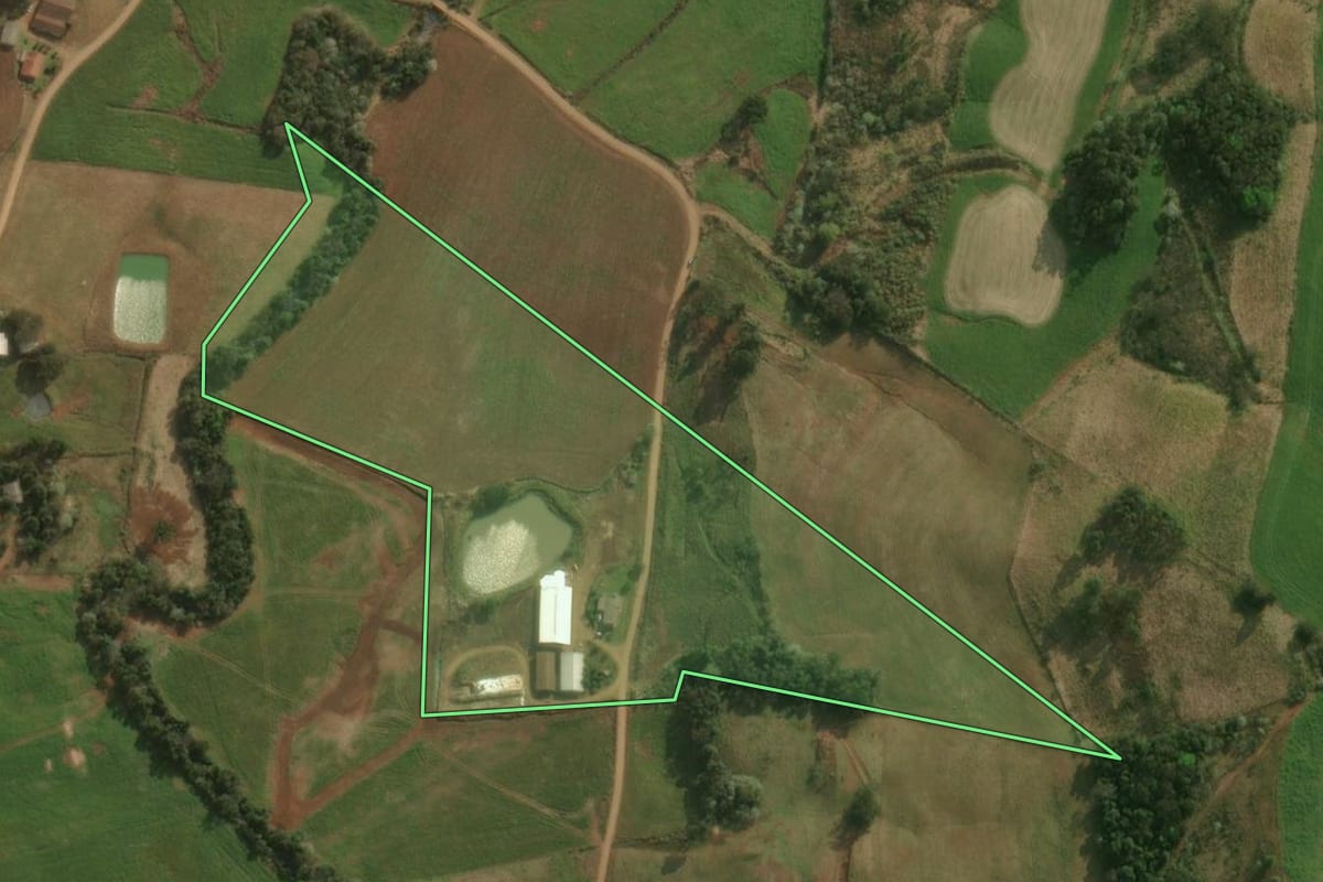 Imagem de satélite do imóvel rural em Dionísio Cerqueira (SC), com o contorno declarado no CAR desenhado por cima.