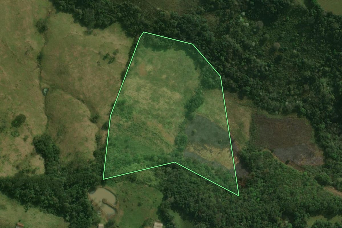 Imagem de satélite do imóvel rural em Dionísio Cerqueira (SC), com o contorno declarado no CAR desenhado por cima.