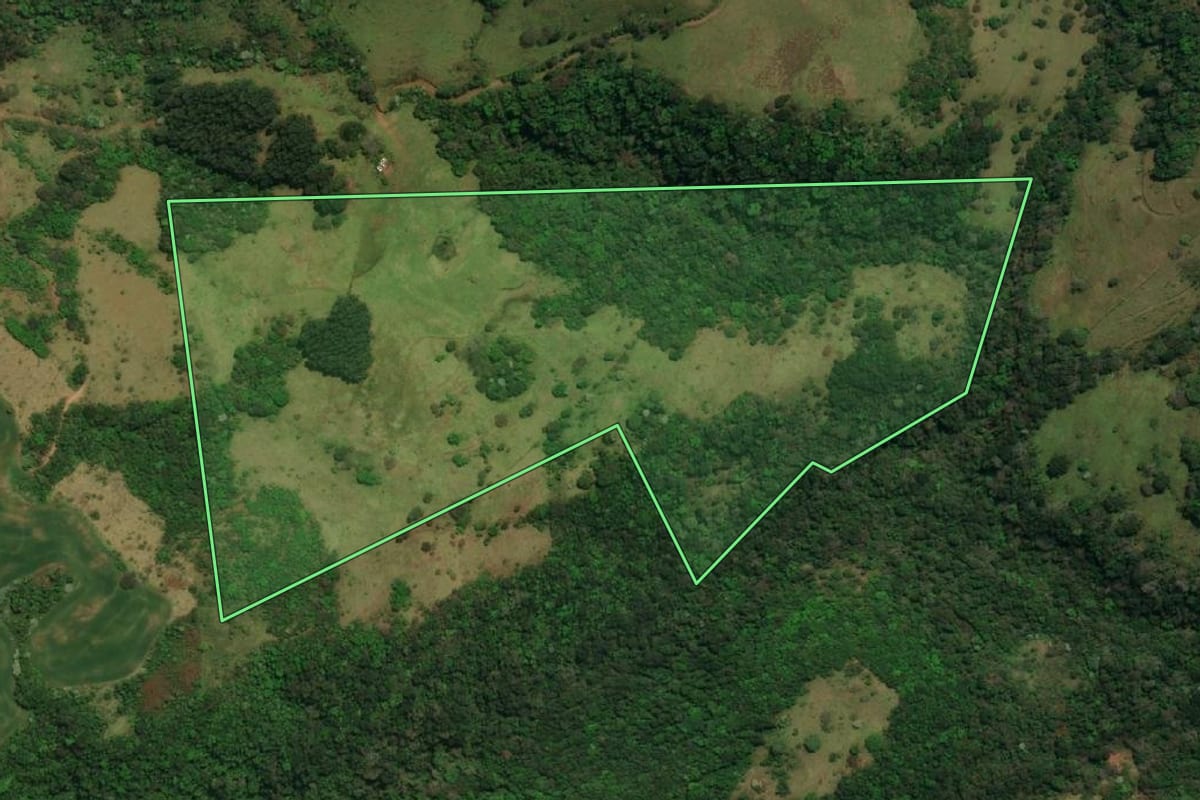 Imagem de satélite do imóvel rural em Dionísio Cerqueira (SC), com o contorno declarado no CAR desenhado por cima.