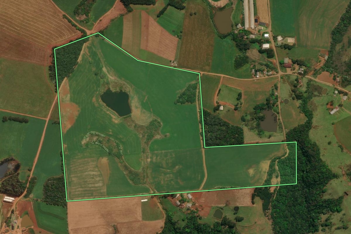 Imagem de satélite do imóvel rural em Dionísio Cerqueira (SC), com o contorno declarado no CAR desenhado por cima.