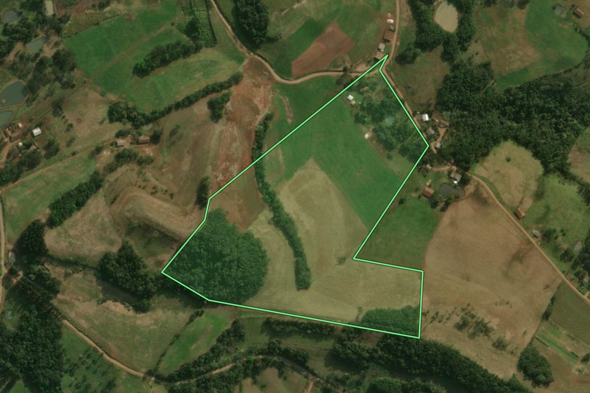 Imagem de satélite do imóvel rural em Dionísio Cerqueira (SC), com o contorno declarado no CAR desenhado por cima.