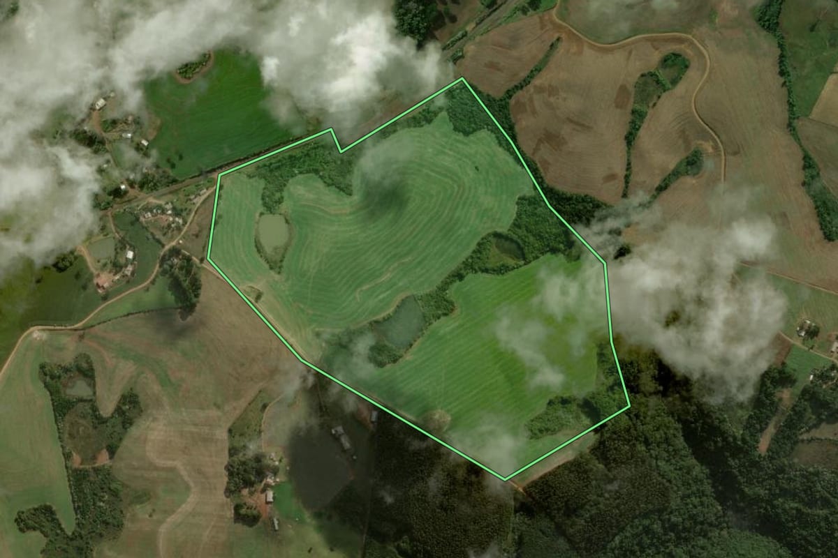 Imagem de satélite do imóvel rural em Dionísio Cerqueira (SC), com o contorno declarado no CAR desenhado por cima.