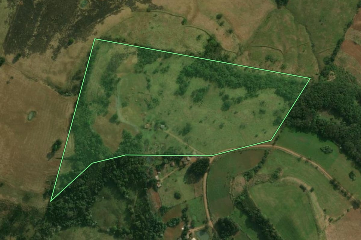 Imagem de satélite do imóvel rural em Dionísio Cerqueira (SC), com o contorno declarado no CAR desenhado por cima.