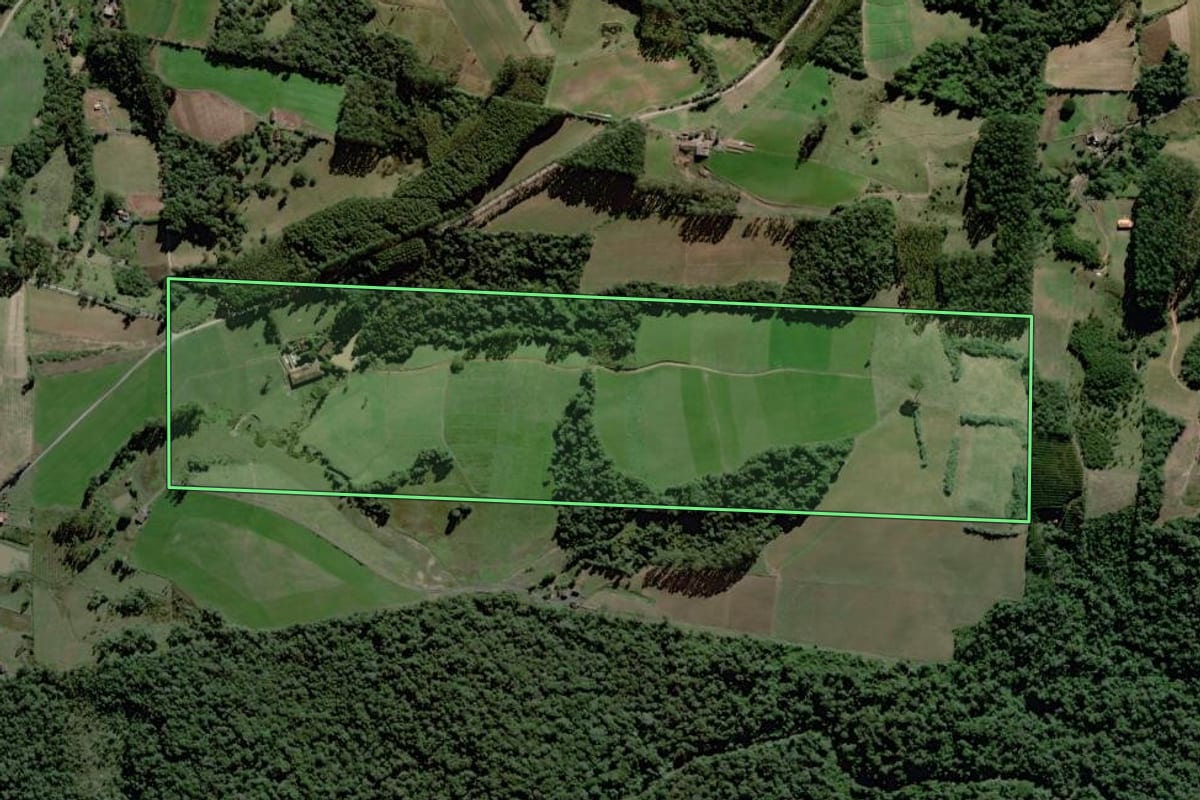 Imagem de satélite do imóvel rural em Dona Emma (SC), com o contorno declarado no CAR desenhado por cima.