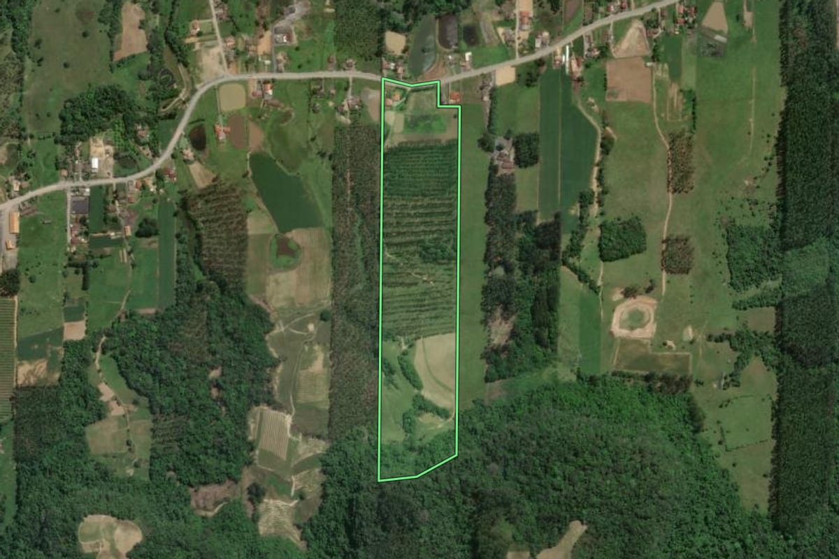 Imagem de satélite do imóvel rural em Dona Emma (SC), com o contorno declarado no CAR desenhado por cima.
