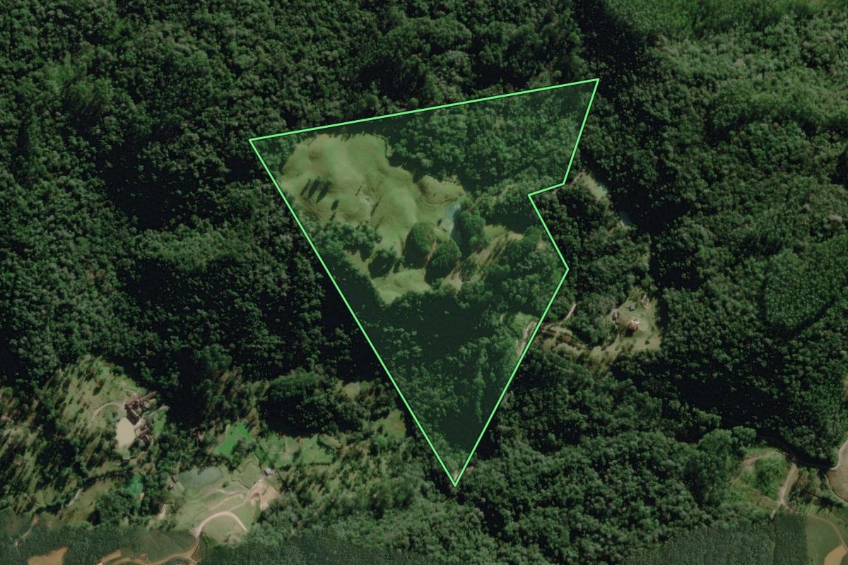 Imagem de satélite do imóvel rural em Doutor Pedrinho (SC), com o contorno declarado no CAR desenhado por cima.