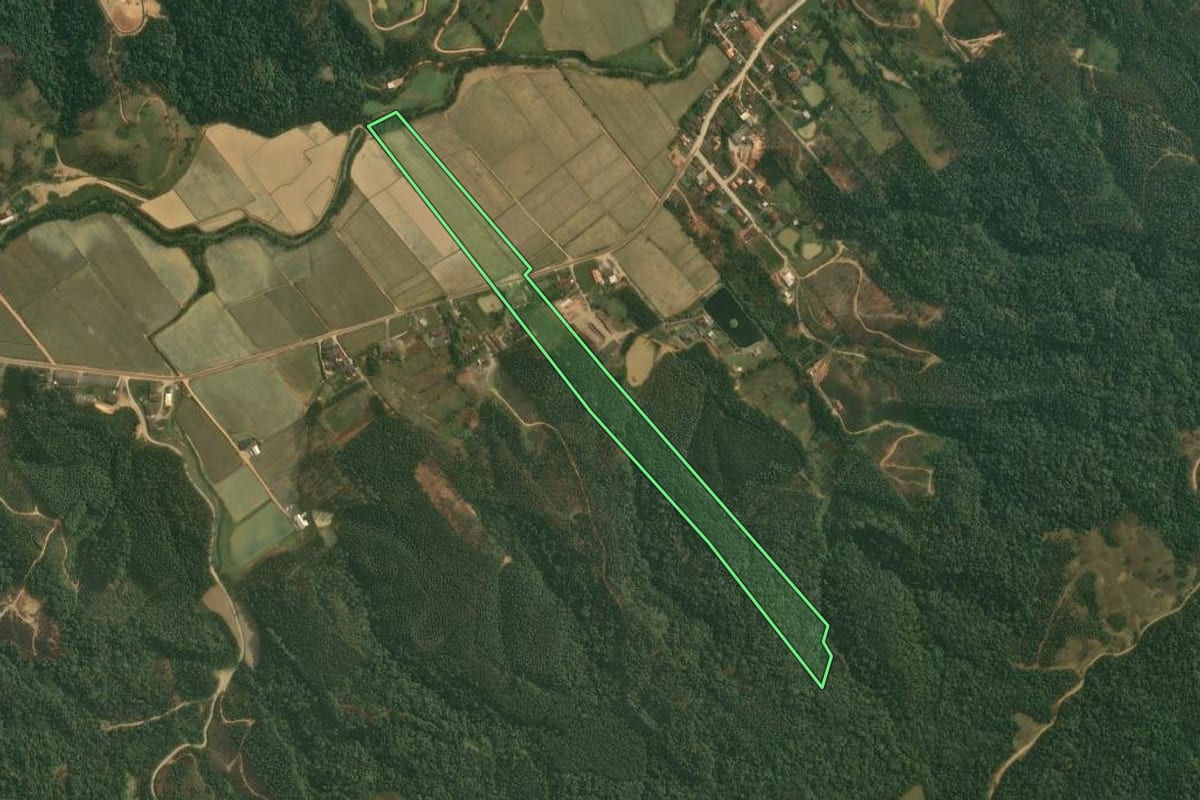 Imagem de satélite do imóvel rural em Doutor Pedrinho (SC), com o contorno declarado no CAR desenhado por cima.