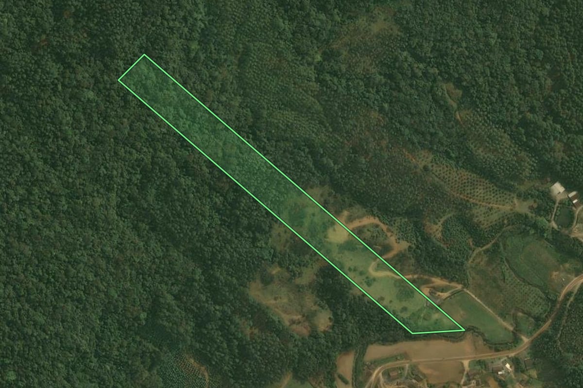 Imagem de satélite do imóvel rural em Doutor Pedrinho (SC), com o contorno declarado no CAR desenhado por cima.