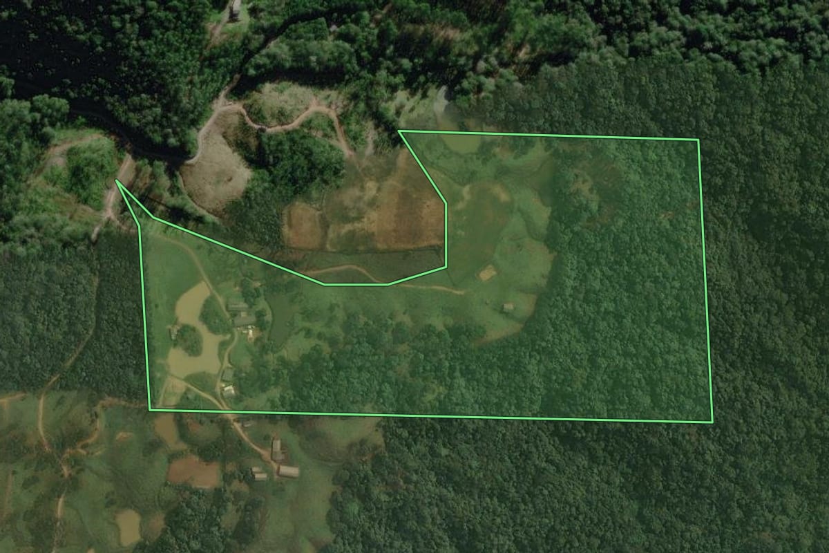 Imagem de satélite do imóvel rural em Doutor Pedrinho (SC), com o contorno declarado no CAR desenhado por cima.