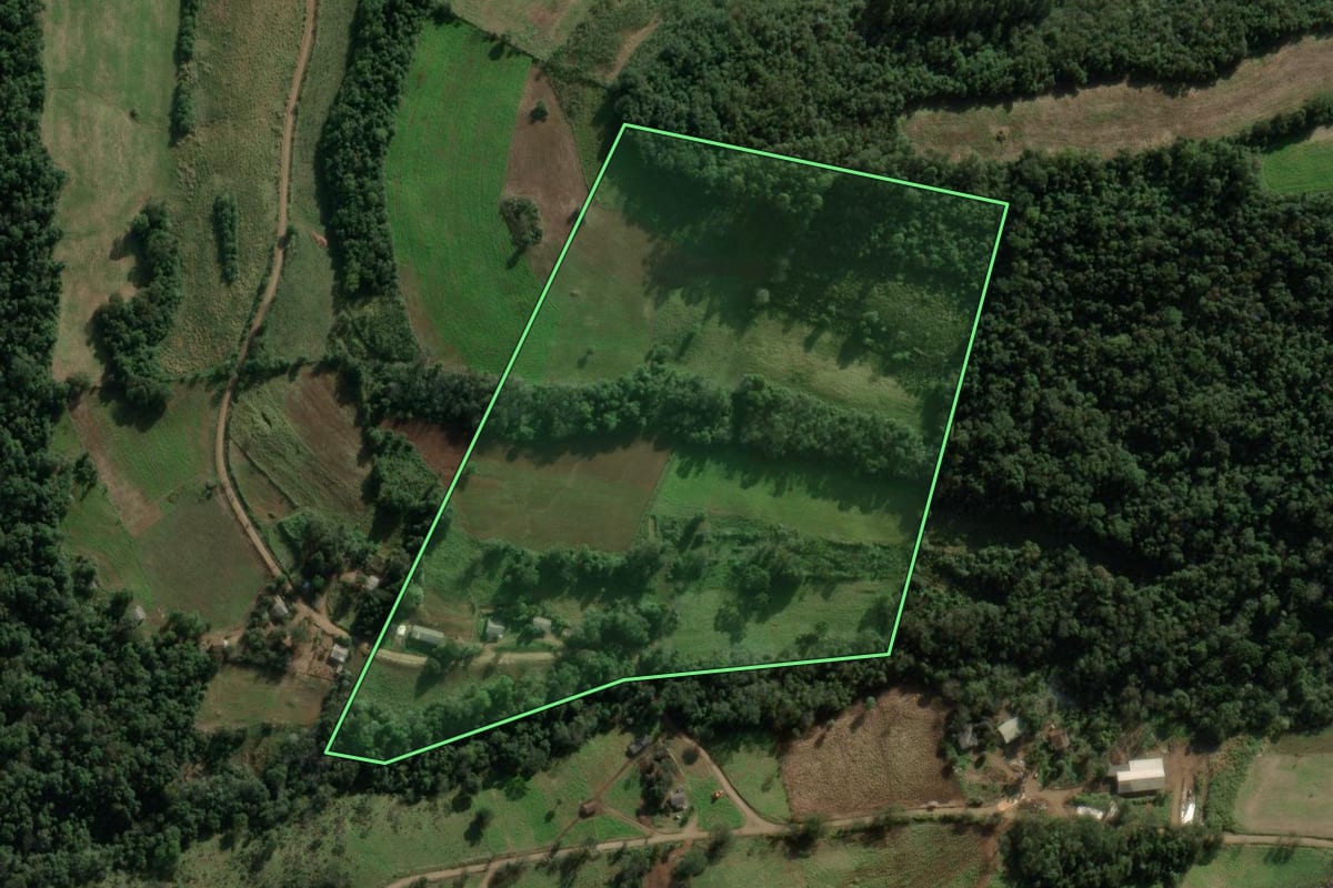 Imagem de satélite do imóvel rural em Entre Rios (SC), com o contorno declarado no CAR desenhado por cima.