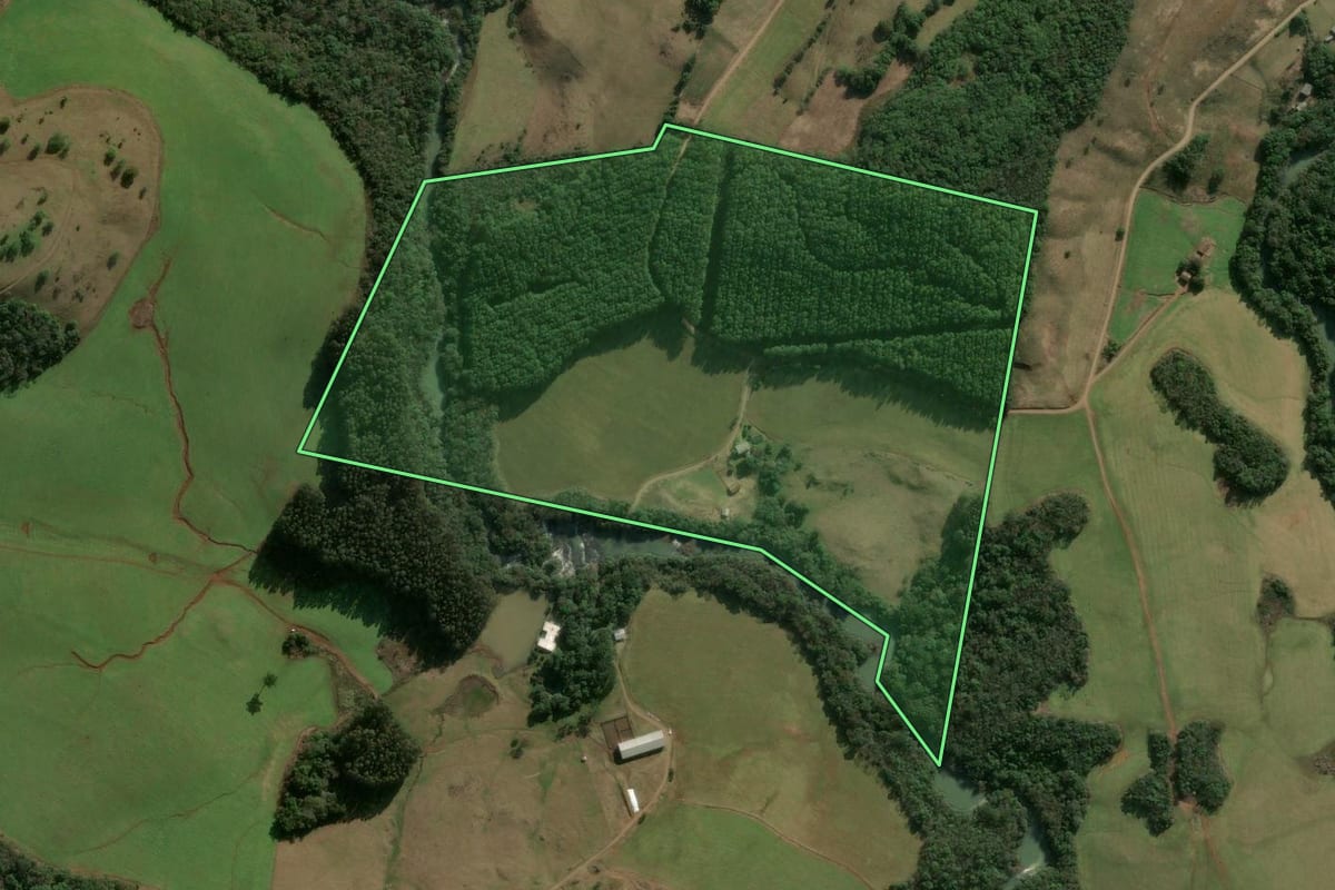 Imagem de satélite do imóvel rural em Erval Velho (SC), com o contorno declarado no CAR desenhado por cima.