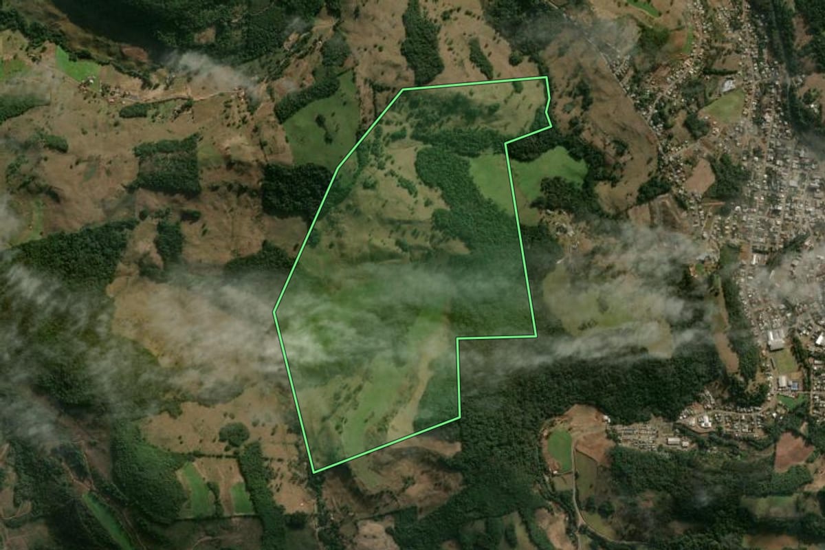 Imagem de satélite do imóvel rural em Erval Velho (SC), com o contorno declarado no CAR desenhado por cima.