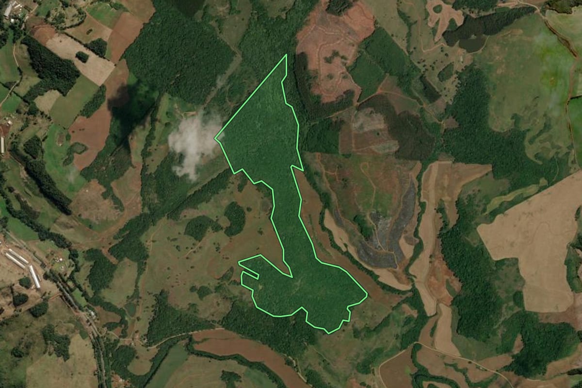 Imagem de satélite do imóvel rural em Erval Velho (SC), com o contorno declarado no CAR desenhado por cima.