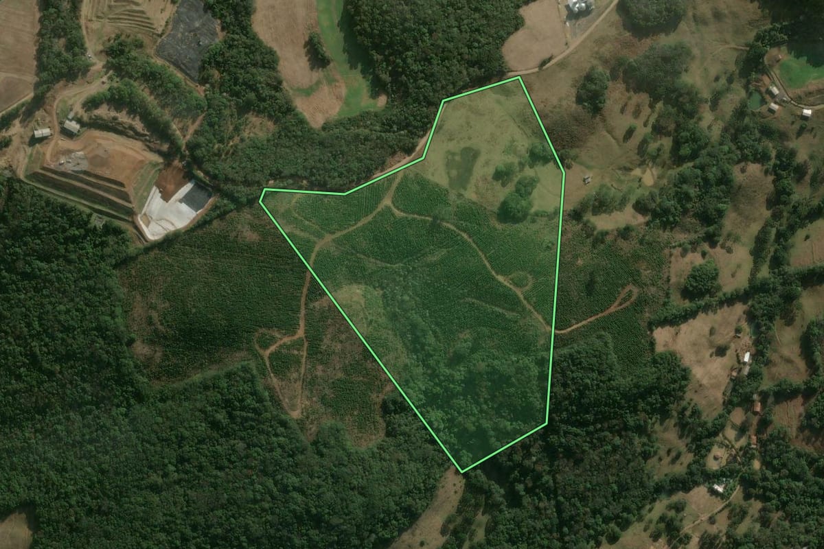 Imagem de satélite do imóvel rural em Erval Velho (SC), com o contorno declarado no CAR desenhado por cima.