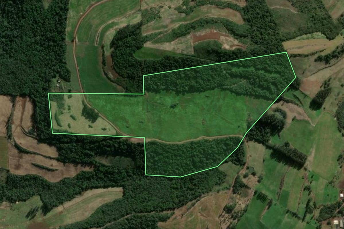 Imagem de satélite do imóvel rural em Faxinal dos Guedes (SC), com o contorno declarado no CAR desenhado por cima.