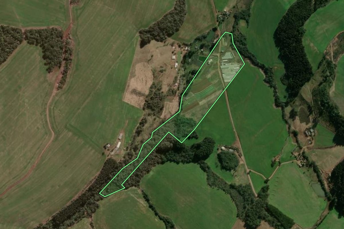 Imagem de satélite do imóvel rural em Faxinal dos Guedes (SC), com o contorno declarado no CAR desenhado por cima.