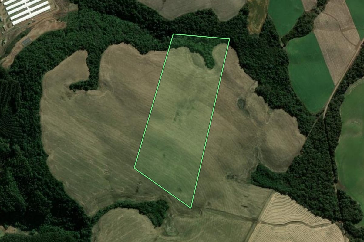 Imagem de satélite do imóvel rural em Faxinal dos Guedes (SC), com o contorno declarado no CAR desenhado por cima.