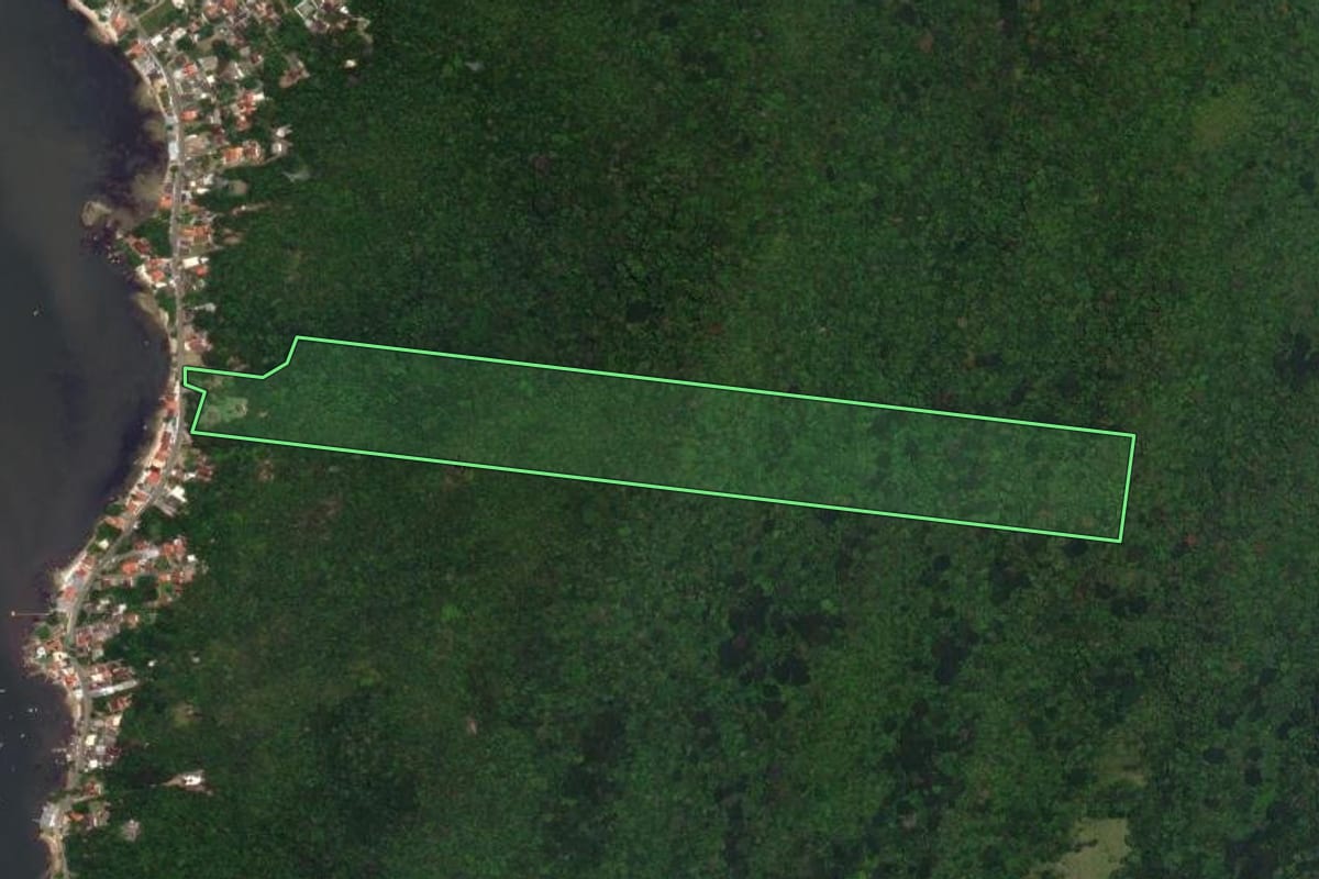 Imagem de satélite do imóvel rural em Florianópolis (SC), com o contorno declarado no CAR desenhado por cima.