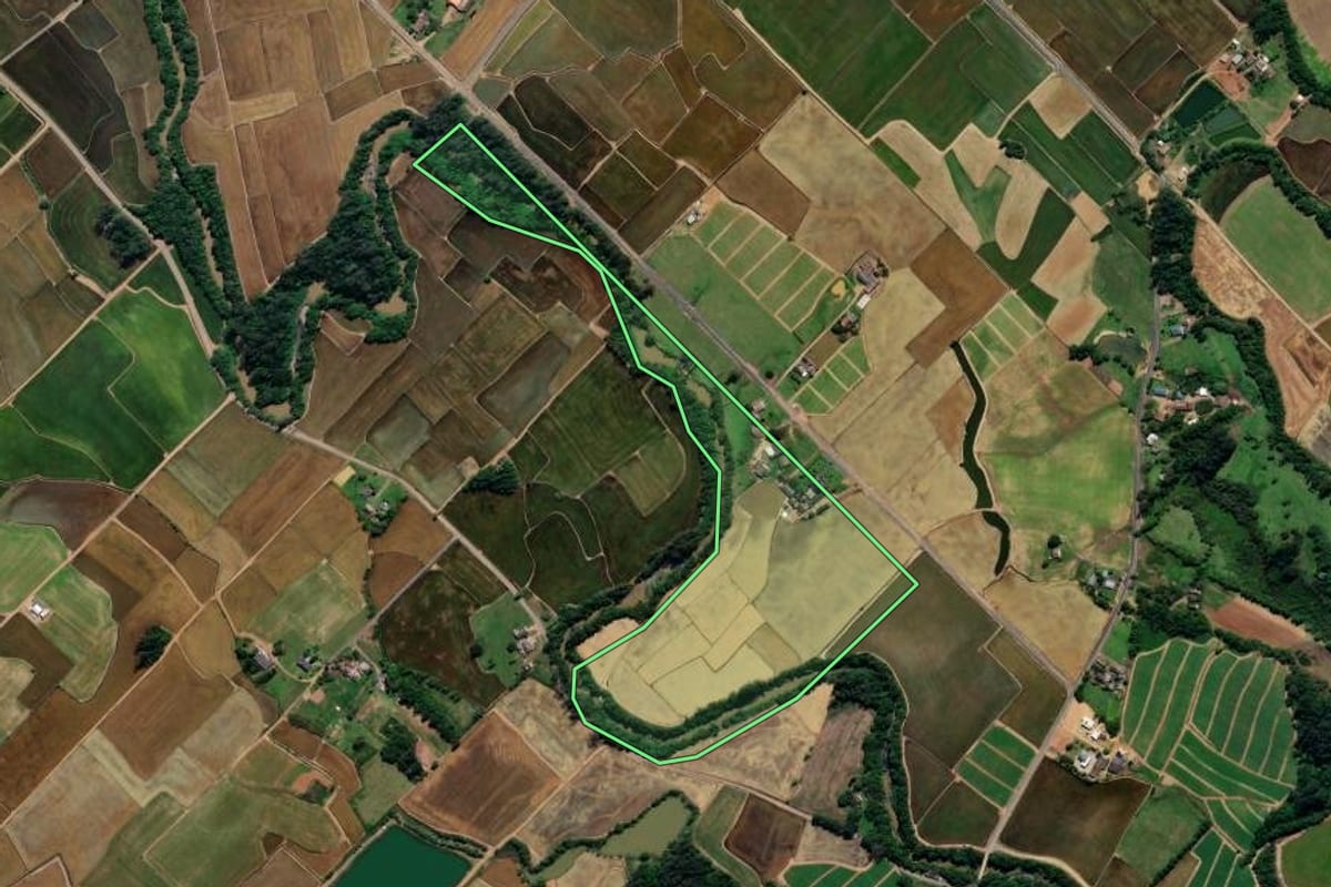 Imagem de satélite do imóvel rural em Forquilhinha (SC), com o contorno declarado no CAR desenhado por cima.