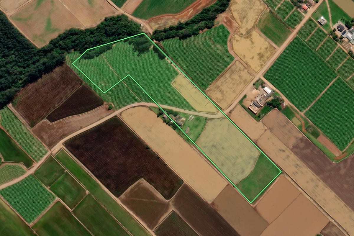 Imagem de satélite do imóvel rural em Forquilhinha (SC), com o contorno declarado no CAR desenhado por cima.