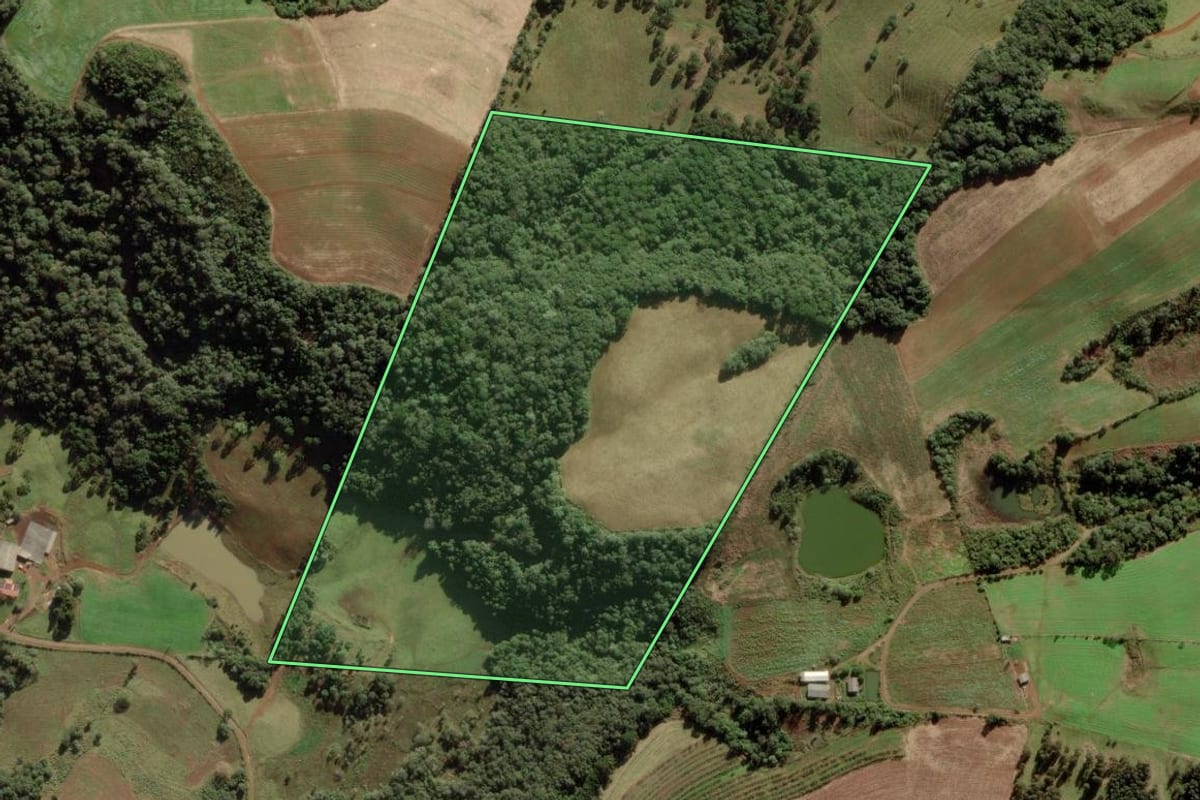 Imagem de satélite do imóvel rural em Fraiburgo (SC), com o contorno declarado no CAR desenhado por cima.
