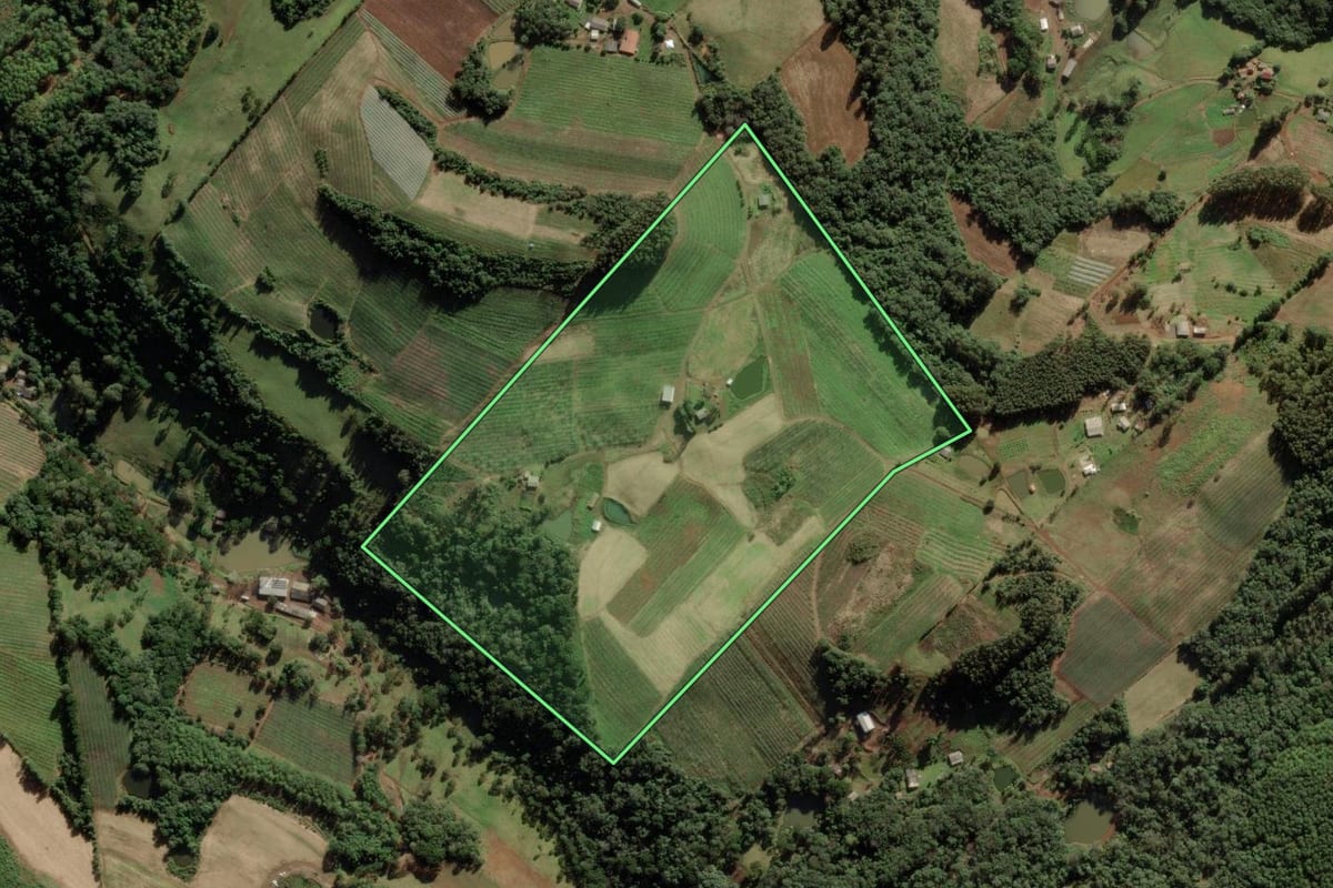 Imagem de satélite do imóvel rural em Fraiburgo (SC), com o contorno declarado no CAR desenhado por cima.