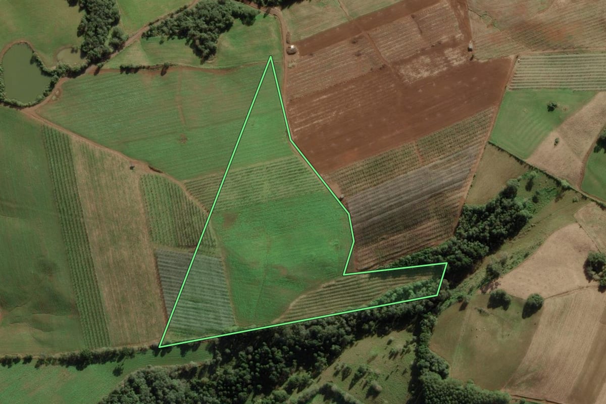 Imagem de satélite do imóvel rural em Fraiburgo (SC), com o contorno declarado no CAR desenhado por cima.